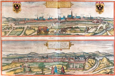 Bécs (Bécs), Ausztria és Budapest (Buda), Magyarország látképe (rézkarc alkotó: Franz Hogenberg