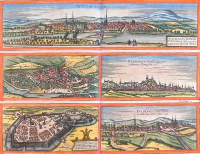 Weimar (Weimaria), Iena, Erfurt (Erdfordia), Gotha és Fulde (Fuldensis), Németország (rézkarc) kilátásai alkotó: Franz Hogenberg