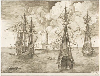Négy mester és két három mester horgonyozva egy világítótoronnyal rendelkező megerősített sziget közelében, a The Sailing Vesselstől alkotó: Franz Huys