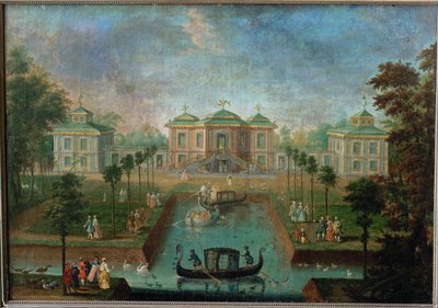 Udvari élet az Augustusburg kastély parkjában az Indiai Ház körül, nézet keletről ... alkotó: Franz Jakob Rousseau