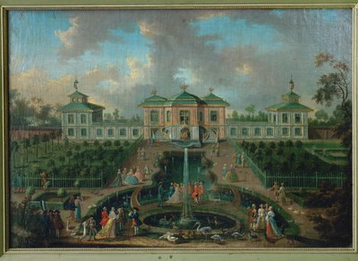 Udvari élet az Augustusburg kastély parkjában az Indiánház körül, nézet nyugatról ... alkotó: Franz Jakob Rousseau