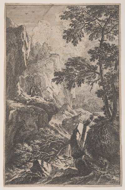 2. tábla: egy vadász fegyverével céloz, jobbra egy nagy szikla mellett térdel, egy ma..., kb. 1700-25. alkotó: Franz Joachim Beich