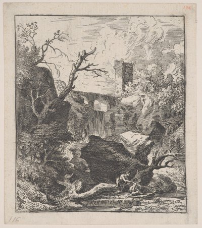 2. tábla: két alak ül egy fatörzsön egy patak partján az előtérben,..., kb. 1700-25. alkotó: Franz Joachim Beich