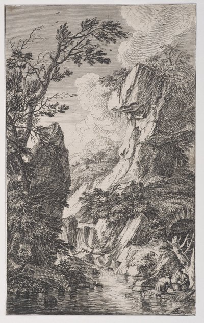 4. tábla: két halász a patak partján jobbra, vízesés középen, innen..., kb. 1700-25. alkotó: Franz Joachim Beich