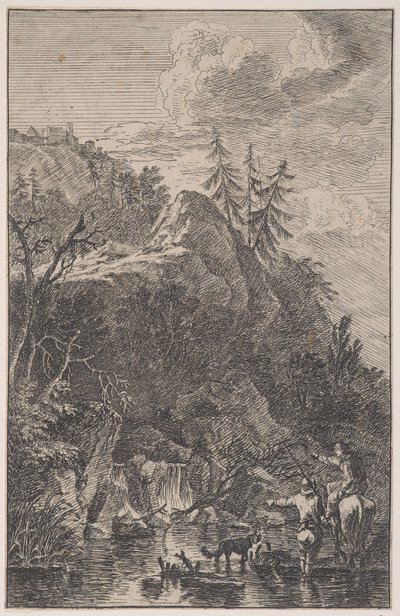 5. tábla: női alak lóháton és egy férfi alak kutyával egy szökkenőben..., kb. 1700-25. alkotó: Franz Joachim Beich