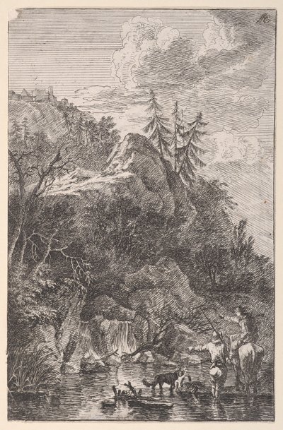 5. tábla: női alak lóháton és egy férfi alak kutyával egy szökkenőben..., kb. 1700-25. alkotó: Franz Joachim Beich