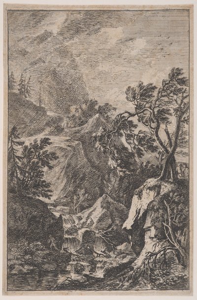 6. tábla: jobbra két férfialak egy sziklán, középen egy vízesés..., kb. 1700-25. alkotó: Franz Joachim Beich