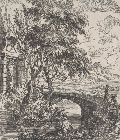 7. tábla: jobbra két alak, egy kőhídon átkelni készül, egy halász a for..., kb. 1700-25. alkotó: Franz Joachim Beich