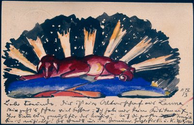 "Oltári bárány Lanából", Franz Marc Sindelsdorfból Gabriele Münterhez Münchenben: képeslap, postabélyegző 1913. április 11. alkotó: Franz Marc