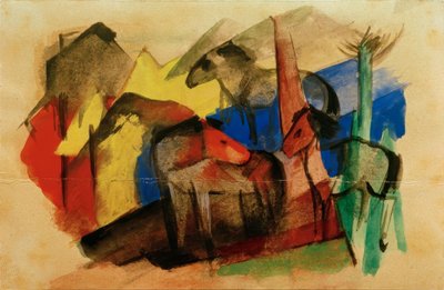 Három ló táj házakkal alkotó: Franz Marc
