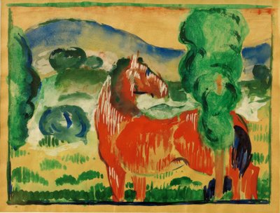 Piros ló színes tájban alkotó: Franz Marc