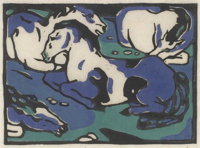 Ruhende Pferde (Pihenő lovak), 1911-1912, nyomtatva 1916 (fekete, kék és zöld fametszettel, japán papírra) alkotó: Franz Marc