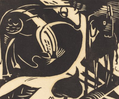 Két mitikus állat (Zwei Fabeltiere), 1914 (fekete fametszet, japán papírra) alkotó: Franz Marc