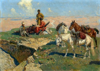 A kaukázusi harcosok megtorpanása – Franz Roubaud (1856-1928) festménye alkotó: Franz Roubaud