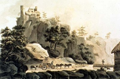 A Ribeauville-i út és a Grand Ribeauville-i kastély látképe (színes metszet) alkotó: Franz Walter