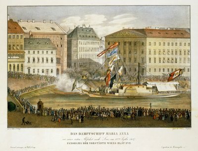 A Maria Anna gőzhajó, Linzbe indul 12 ... (litho) alkotó: Franz Wolf