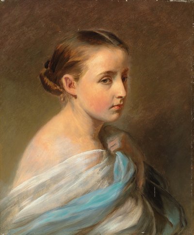 Egy lány portréja, fej és váll, kék-fehér kendővel, 1850 körül alkotó: Franz Xaver Winterhalter