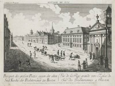 Vue d’Optique/Prospect des grossen Plazes gegen der Alten Sud Kirche der Presbiterianer zu Boston (Optikai nézet/nézet a nagy terekről a bostoni Old South Presbyterian Church felé), c. 1776 (rézkarc és metszet, fektetett papírra színezetlen) alkotó: Franz Xavier Habermann