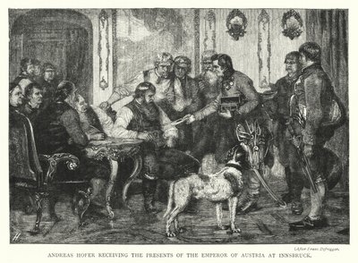 Andreas Hofer átveszi az osztrák császár ajándékait Innsbruckban (metszet) alkotó: Franz von (after) Defregger