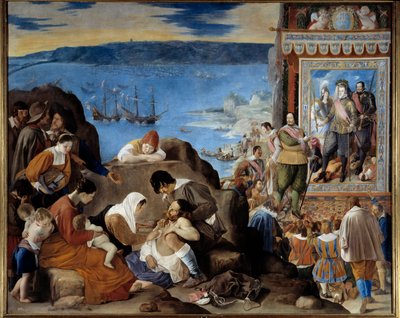 Salvador de Bahia (Brazília) átvételének allegóriája a Fadrique Alvarez de Toledo y Mendoza (1580-1634) parancsnoksága alatt álló portugál, spanyol és indiai hadsereg által 1625. május 1-jén (Bahia visszafoglalása Brazíliában) - Balra: az áldozatok - Jobbr alkotó: Fray Juan Batista Maino or Mayno