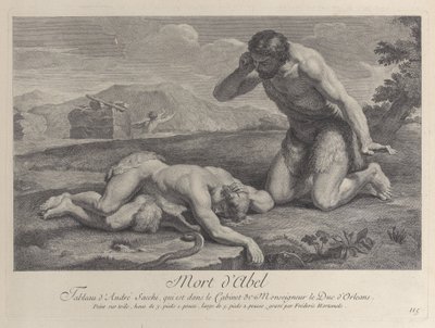 Ádám bánatában térdel Ábel teste mellett, míg Káin a háttérben menekül, kb. ..., kb. 1729. alkotó: Frédéric Horthemels