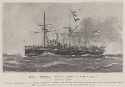 HMS Amphion, amely a jelentések szerint Antigua közelében megfeneklett. alkotó: Fred T. Jane