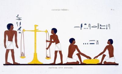 A halál rituáléi (a téma nem tisztázott), egy ritka thébai freskó-feljegyzésből, amelyet Frederic Cailliaud (1787-1869) második egyiptomi látogatása alkalmával 1819-1822 között rögzített (színes litó) alkotó: Frederic (after) Cailliaud