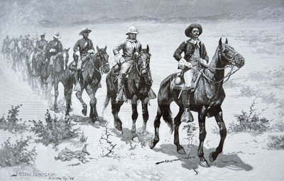 Amerikai „Buffalo Soldiers” menetelés a sivatagban, egy 1888-as rajzból (metszet) alkotó: Frederic (after) Remington