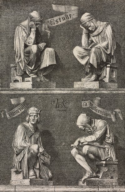 A tanulmány allegóriája, díszítő figurák Martin Schongauer szobra tövében, amelyet Auguste Bartholdi (1834-1904) készített a franciaországi colmari Unterlinden kolostor számára alkotó: Frederic Auguste Bartholdi
