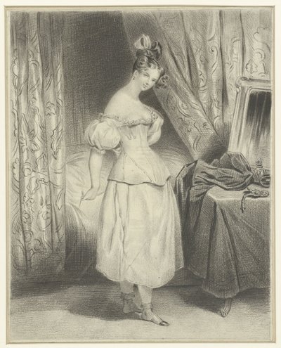 Fiatal nő a hálószobában, kifűzi a fűzőjét alkotó: Frederic Bouchot