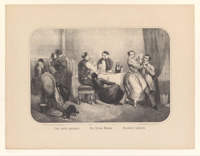 Férfiak és nők csoportja egy belső térben Les maris garçons / Die freien Männer / Bachelor hubants (cím a tárgyon) alkotó: Frederic Charles Wentzel (possibly)
