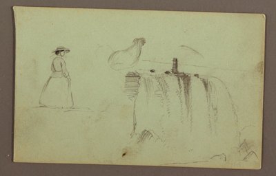Egy sétáló lány, egy guggoló csirke és az amerikai vízesés a Niagara folyón alkotó: Frederic Edwin Church