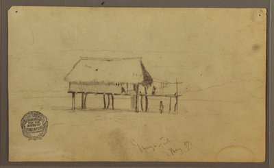 Rajz, A Hut on Posts, Guayaquil, Ecuador, 1857. május alkotó: Frederic Edwin Church