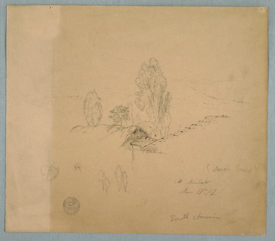 Rajz, Egy nádtető és egy cseréptető facsúcsokkal egy hegyvidéki tájban, Chimborazo közelében, Ambato, Ecuador, 1857. június 17. alkotó: Frederic Edwin Church