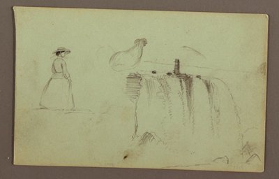 Rajz, Egy sétáló lány, egy guggoló csirke és az Amerikai vízesés a Niagara folyón, valószínűleg 1856 alkotó: Frederic Edwin Church