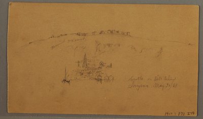 Rajz, kastély, minaret, vitorlások, ház, 1868. május alkotó: Frederic Edwin Church
