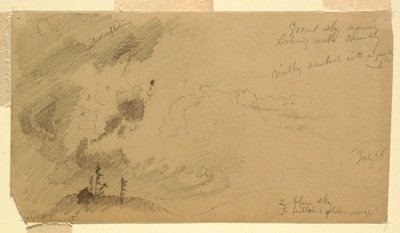 Rajz, Felhős esti égbolt egy dombvidék felett, 1866. július alkotó: Frederic Edwin Church