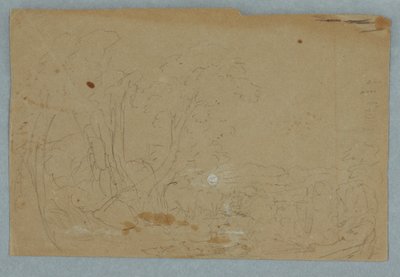 Rajz, Felhős égbolt dombos táj felett; hátoldalon: patakban tükröződő telihold, 1845-50 alkotó: Frederic Edwin Church
