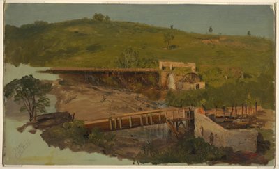 Rajz, Hegy viaduktokkal és romos malmokkal, Catskill közelében, New York, 1865 körül. alkotó: Frederic Edwin Church