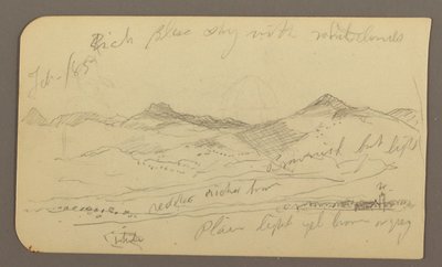 Rajz, Táj, házak; hátoldal: Fák teteje, 1885. február alkotó: Frederic Edwin Church