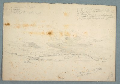 Rajz, Tájkép a Hudson-völgyben; hátlapján: Vázlat templomról fahajókkal, 1870. június 14. alkotó: Frederic Edwin Church