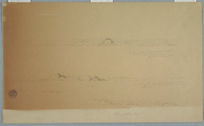 Rajz, Tájkép Fogo sziget közelében, Brimstone, Head, Change Island Rocks, 1869. július 2. alkotó: Frederic Edwin Church