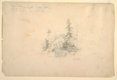 Rajz, fákkal körülvett rönkház, 1844. július alkotó: Frederic Edwin Church