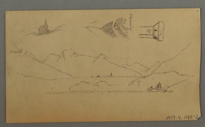 Rajz, középkori vár, két torony, figuratanulmányok, Thun közelében, valószínűleg 1868 alkotó: Frederic Edwin Church