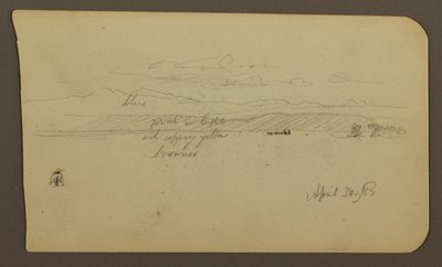 Rajz, hegyvidéki táj, alak; hátoldal: Tájkép, 1885. április 30. alkotó: Frederic Edwin Church
