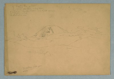 Rajz, Három egymást követő hegyvonulat fölé emelkedő hegycsúcs, valószínűleg Chimborazo, Ecuador, 1857 alkotó: Frederic Edwin Church