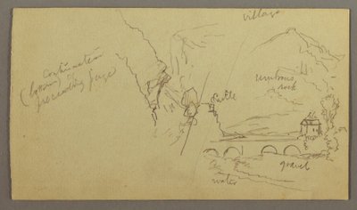 Rajz, Hegyi völgy, híd, épületek, valószínűleg 1868-69 alkotó: Frederic Edwin Church