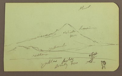 Rajz, Hegy, fa, alak; hátoldal: templom, fa, 1883 alkotó: Frederic Edwin Church