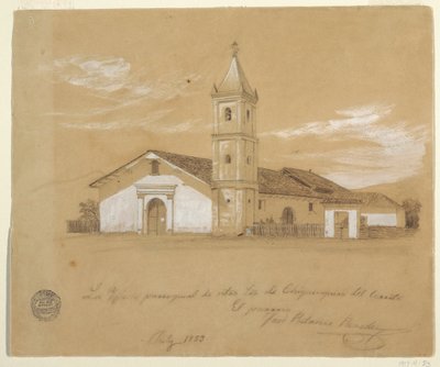 Rajz, Chiquinquira del Cerrito-i Miasszonyunk plébániatemplom,Chiquinquira, Kolumbia, 1853. július alkotó: Frederic Edwin Church