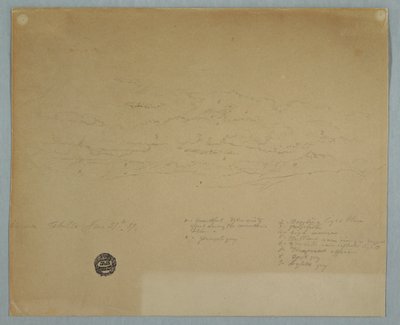 Rajz, Felhős égből eső esik a hegygerincek felett, Hacienda Chillo, Ecuador, 1857. július 27. alkotó: Frederic Edwin Church